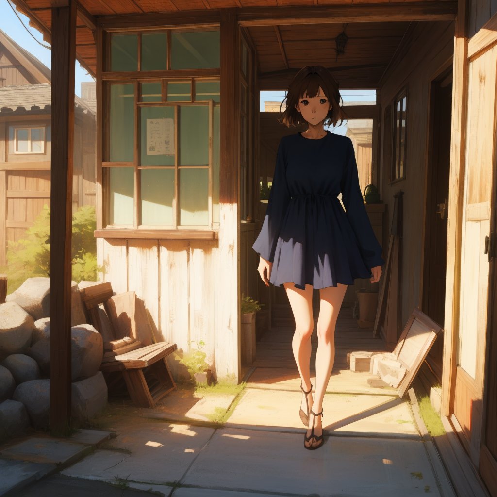 Prompt: A delicate brunette in Miyazaki style in a short dress. It stands on the porch of an old wooden house by BASYA on...