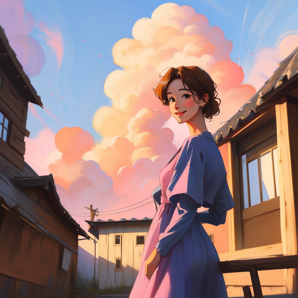 Prompt: Portrait of a charming brunette in Miyazaki style in a short dress. It stands on the porch of an old wooden house....