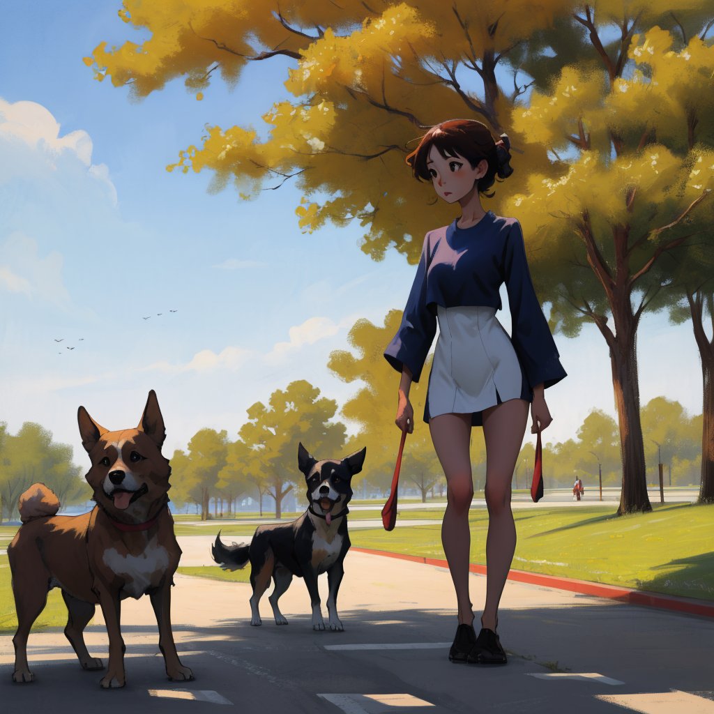 Adorable Miyazaki-style girl in a short dress plays in the park with her dog by BASYA on Tensor.Art