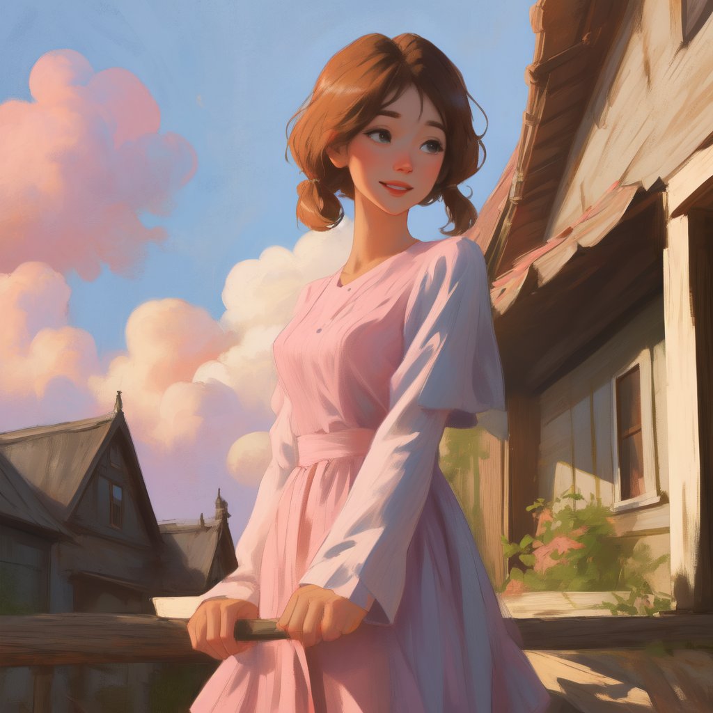 Prompt: Prompt: Portrait of a charming brunette in Miyazaki style in a short dress. It stands on the porch of an old woode...