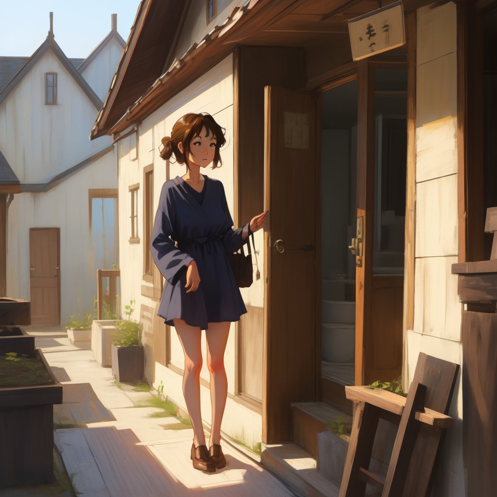 Prompt: Charming brunette in Miyazaki style in a short dress. It stands on the porch of an old wooden house by BASYA on Te...