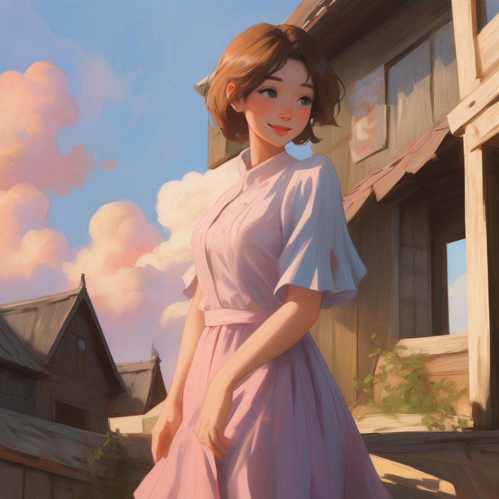 Prompt: Portrait of a charming brunette in Miyazaki style in a short dress. It stands on the porch of an old wooden house....