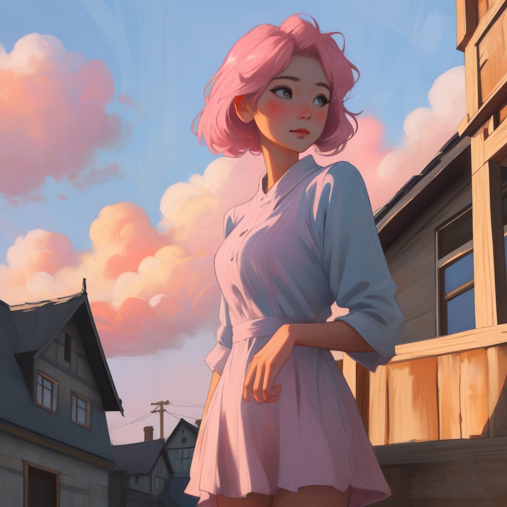 Prompt: Portrait of a charming Miyazaki-style girl in a short dress. It stands on the porch of an old wooden house. There...