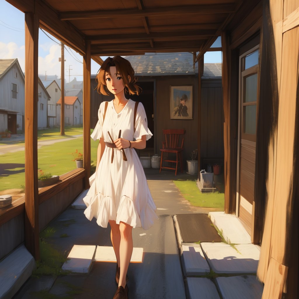 Prompt: Charming brunette in Miyazaki style in a short dress. It stands on the porch of an old wooden house by BASYA on Te...