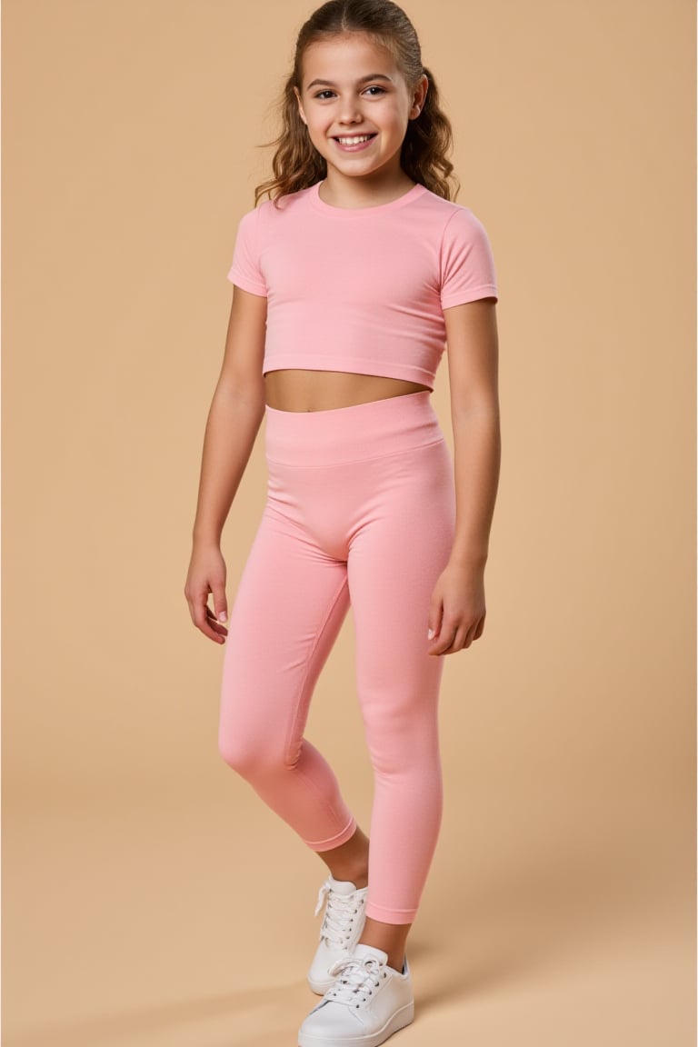 A young girl with long hair,  wearing light pink shorts leggings and a T-shirt,  dressing room background. The image featu...