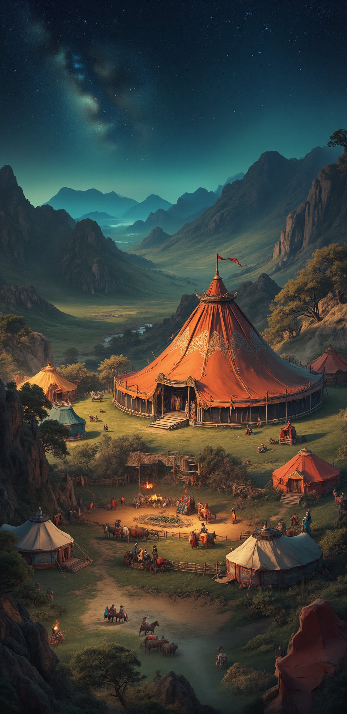 Ancient Mongolian-style tents,  with a grassland nomadic aesthetic,  located on a high-altitude grassland with wide-open v...