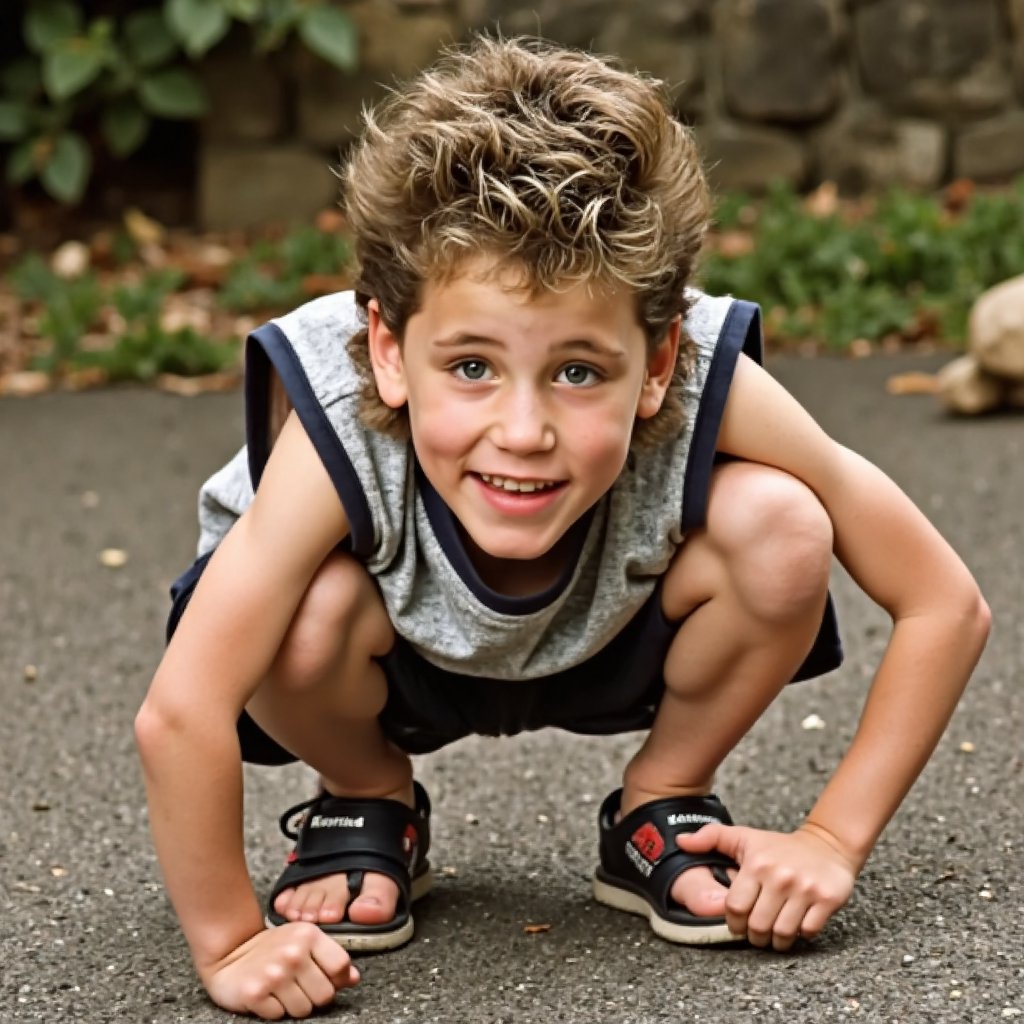 one young boy squatting,  the boy smile by pixeltown on Tensor.Art