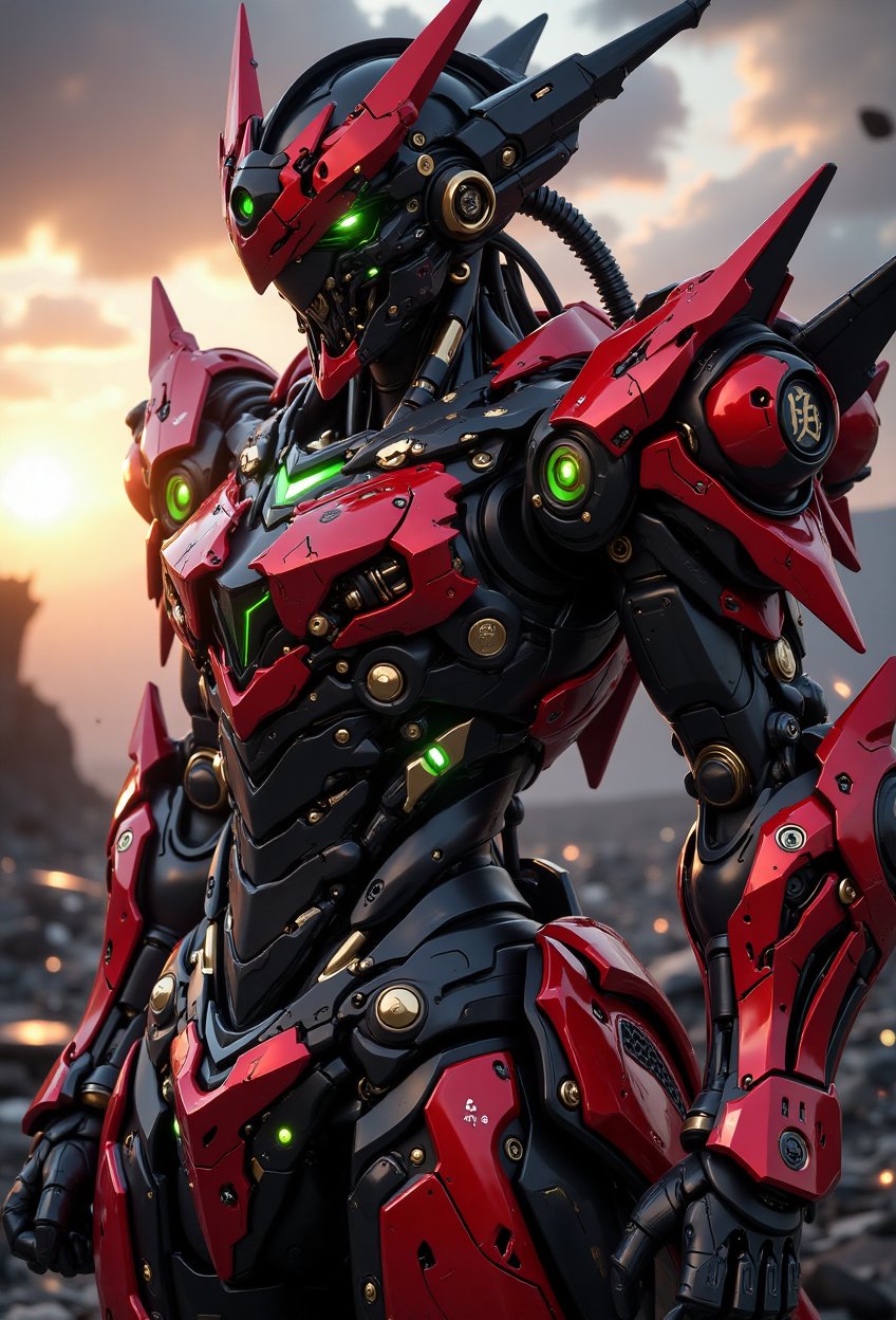 A dramatic scene unfolds as a mechanical skull imperial warrior stands triumphant on a ravaged battlefield. The Gundam-ins...