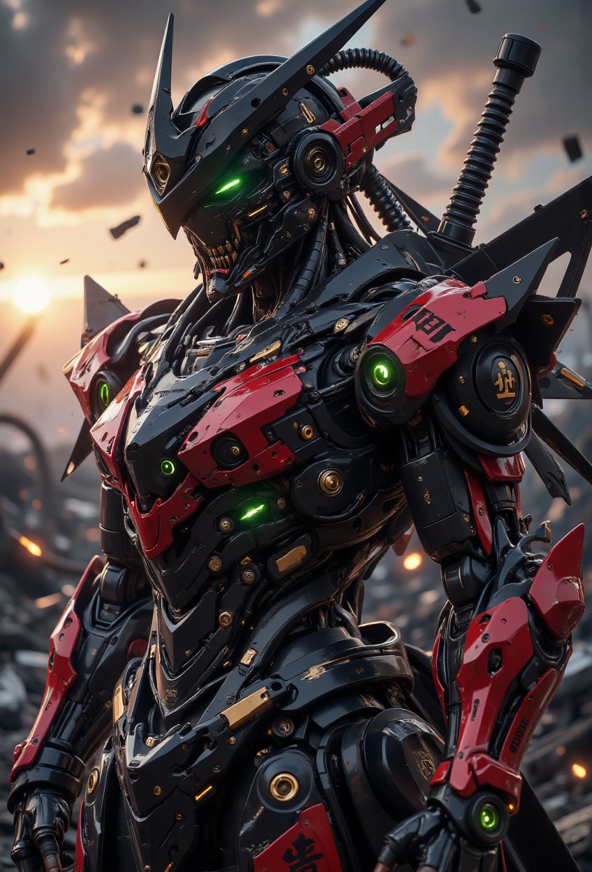 A dramatic scene unfolds as a mechanical skull imperial warrior stands triumphant on a ravaged battlefield. The Gundam-ins...
