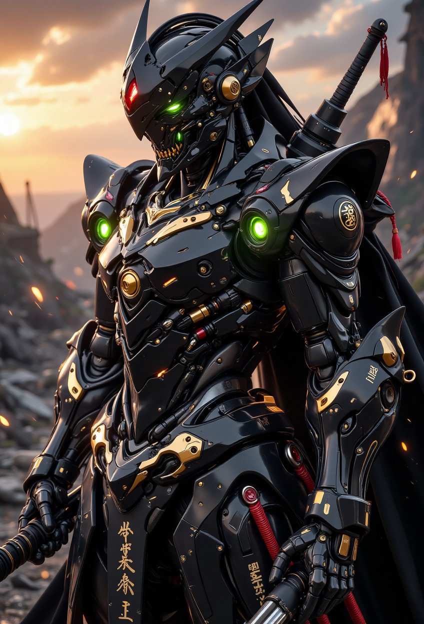 A dramatic scene unfolds as a mechanical skull imperial warrior stands triumphant on a ravaged battlefield. The Gundam-ins...