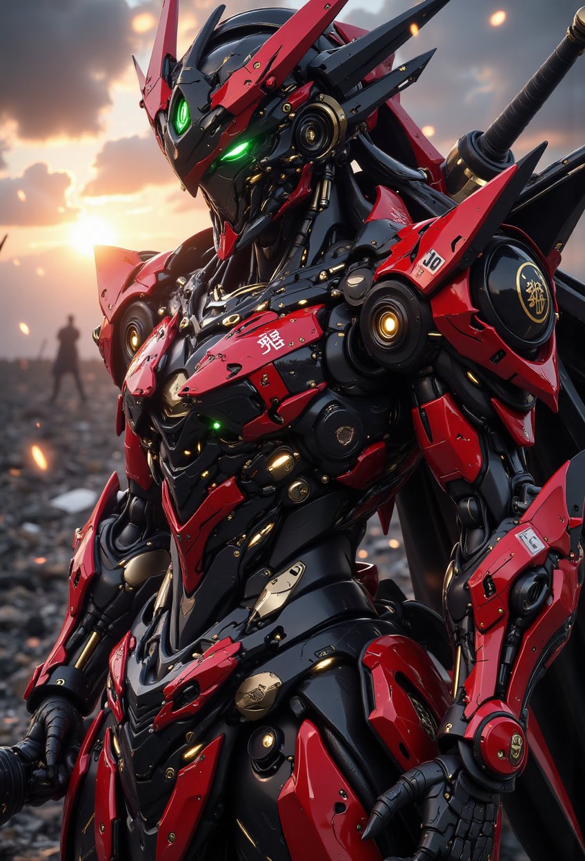 A dramatic scene unfolds as a mechanical skull imperial warrior stands triumphant on a ravaged battlefield. The Gundam-ins...