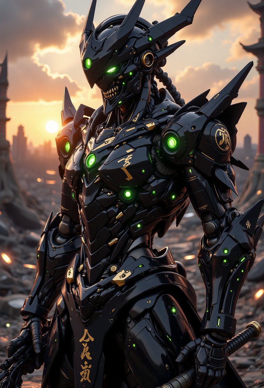A dramatic scene unfolds as a mechanical skull imperial warrior stands triumphant on a ravaged battlefield. The Gundam-ins...