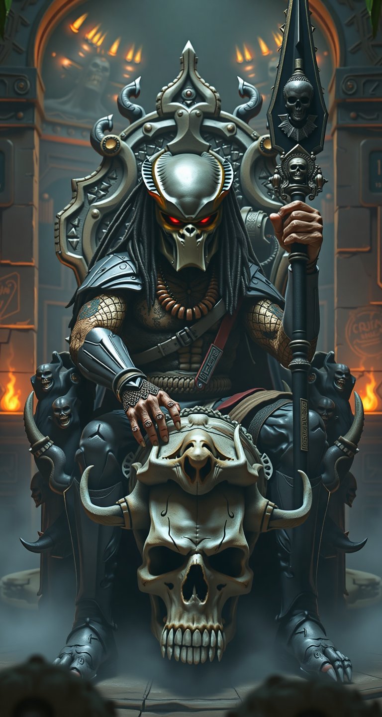 A highly detailed and photorealistic depiction of the Predator sitting on an imposing throne crafted from the skulls and b...