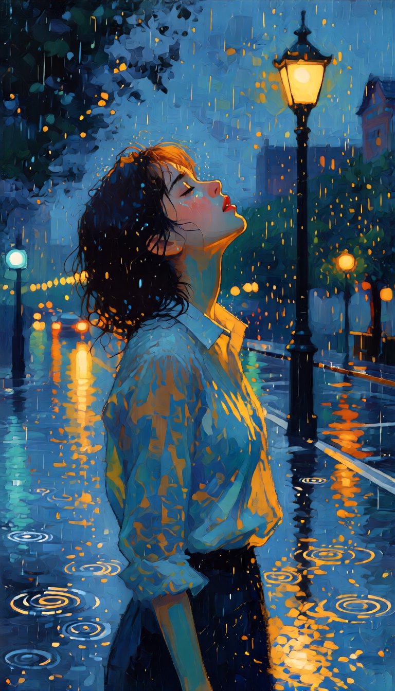 (A dreamlike abstract painting). A young woman,  likely in her twenties,  is standing alone on a street at night. It is ra...
