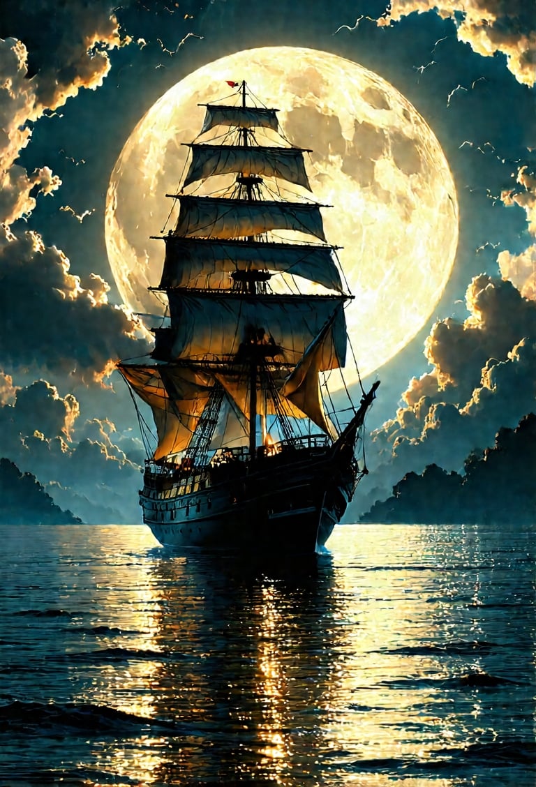 A majestic sailing ship glides through reflective waters under a massive,  luminous full moon . The scene is lit by the mo...