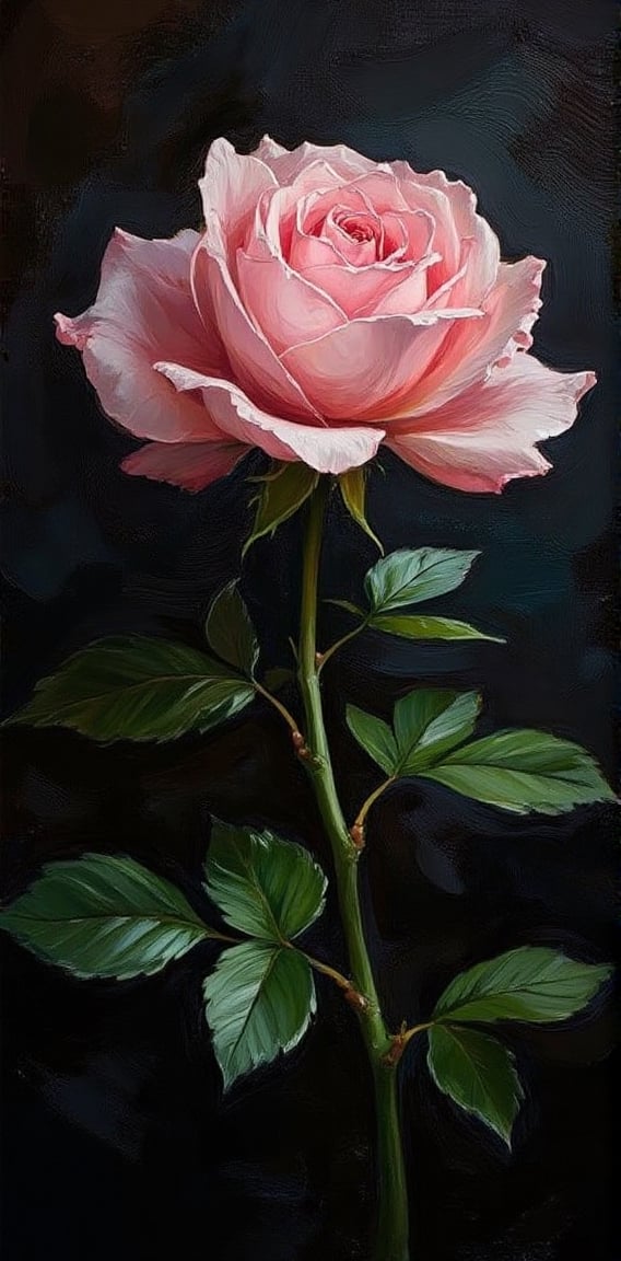 An eye-level painting of a light pink rose with a dark backdrop. The rose is in the center of the frame,  with its petals...