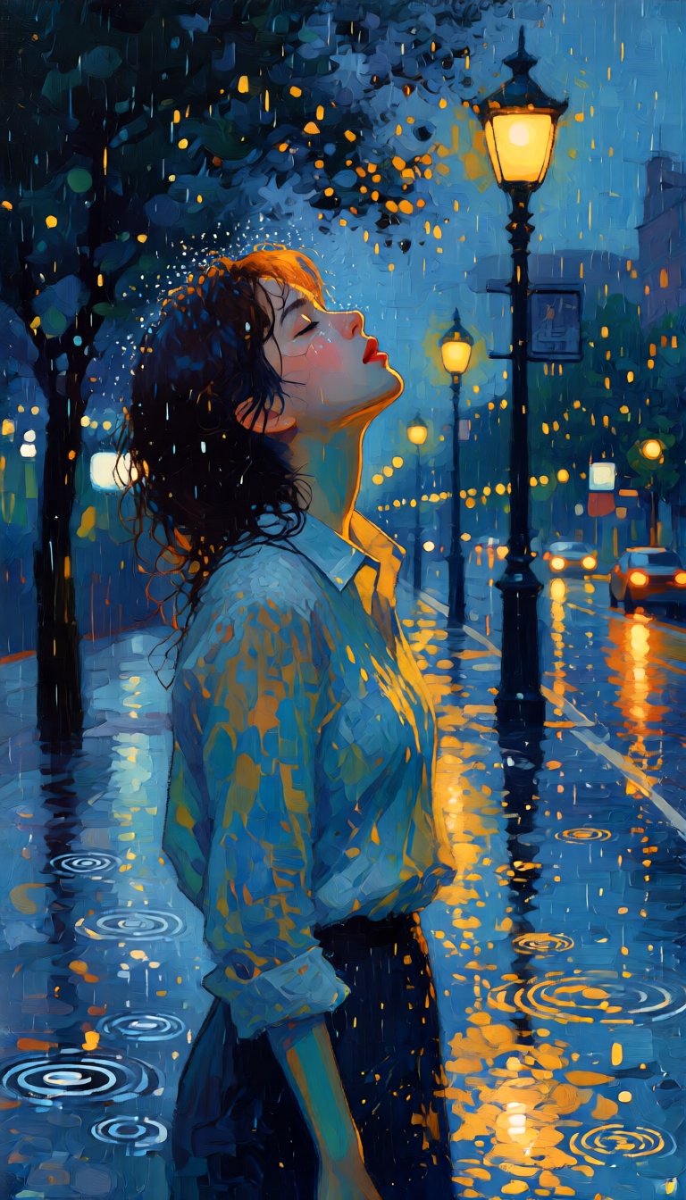 (A dreamlike abstract painting). A young woman,  likely in her twenties,  is standing alone on a street at night. It is ra...