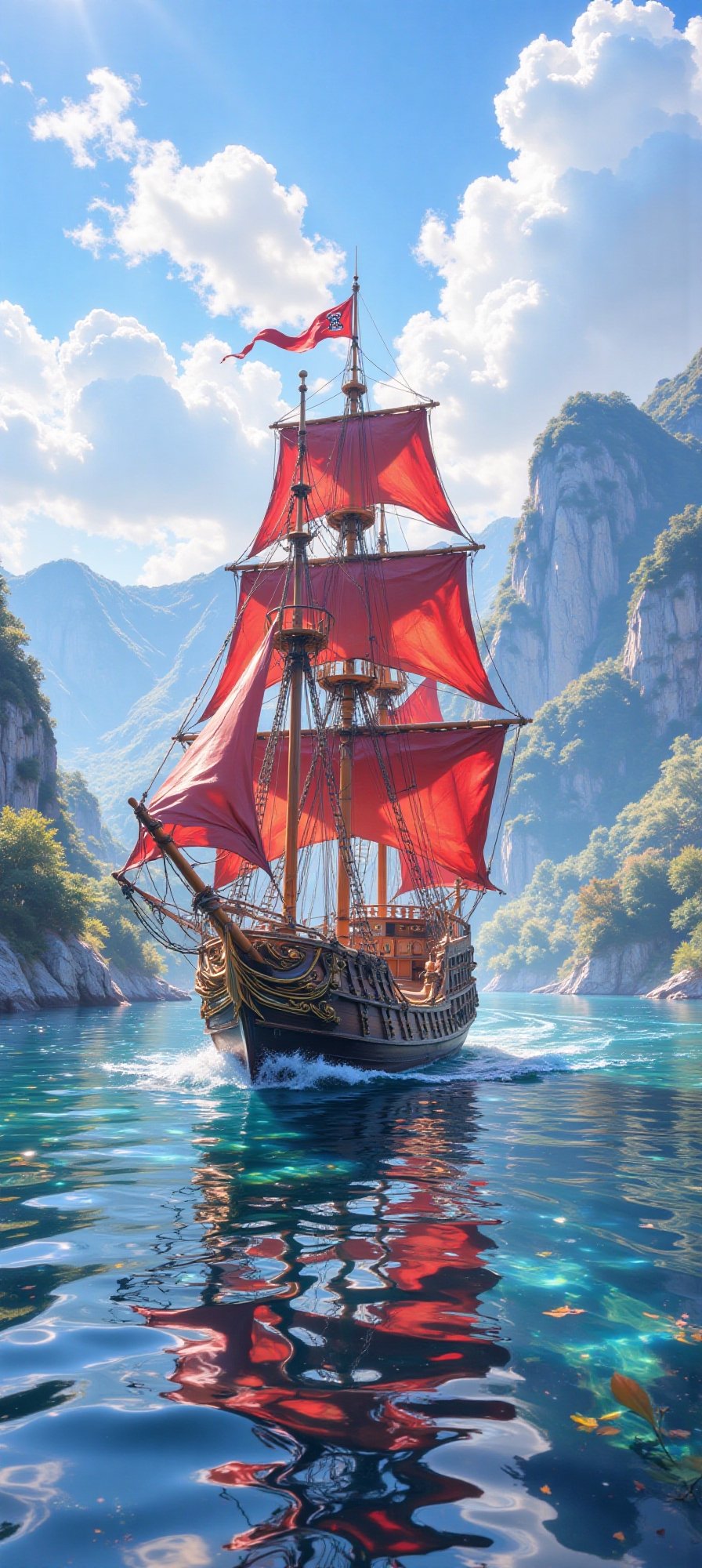 A majestic pirate ship with red sails is sailing on calm waters,  reflecting the vibrant colors of the ship and the surrou...