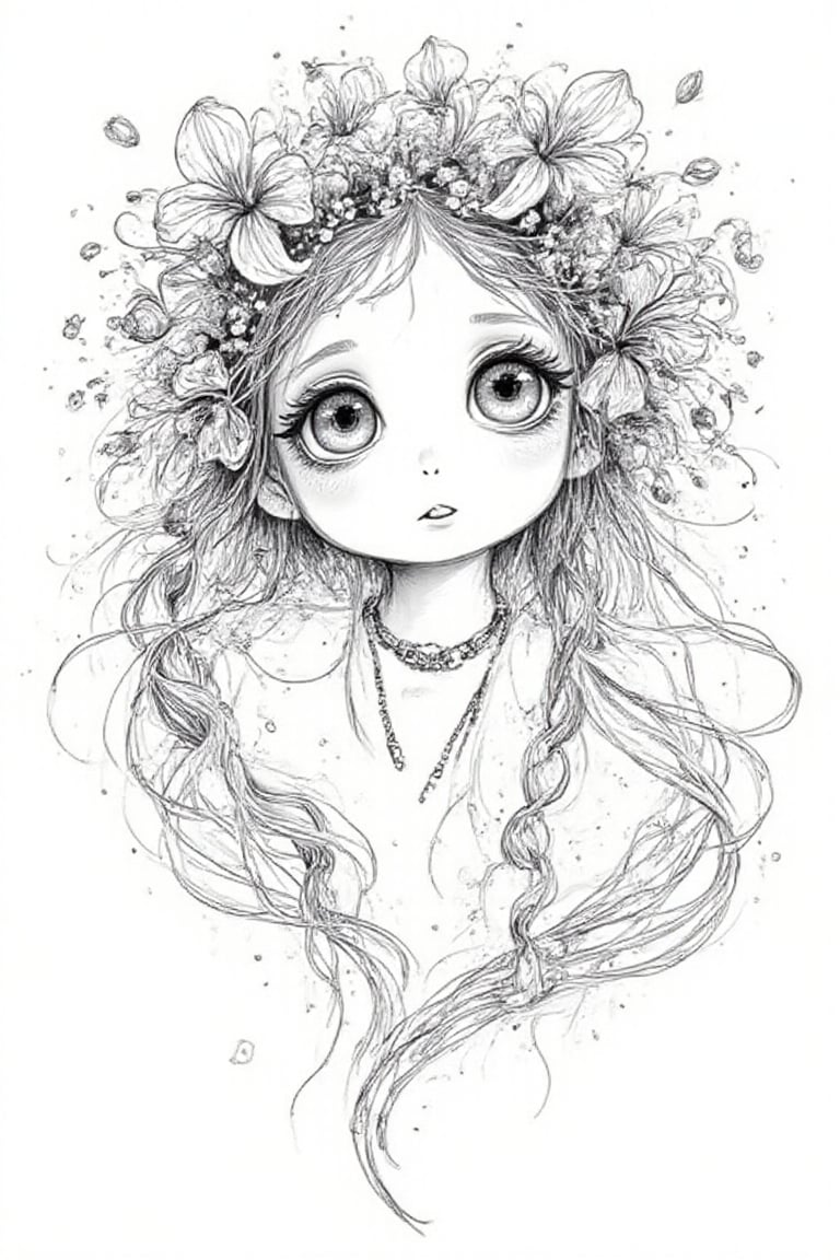 A delicate doodle-style illustration of a young girl with large expressive eyes and soft features,  her hair braided with...