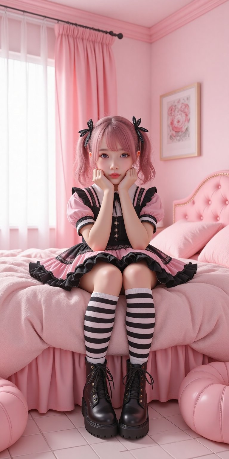 A cute goth-loli girl is sitting on a fluffy pink bed in a room entirely themed in pink.hairstyle\((Smooth multi-colored t...