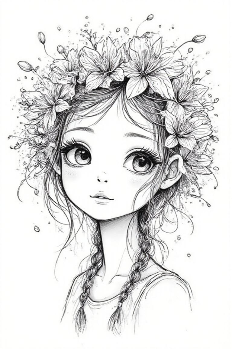 A delicate doodle-style illustration of a young girl with large expressive eyes and soft features,  her hair braided with...