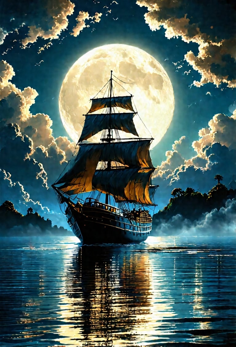 A majestic sailing ship glides through reflective waters under a massive,  luminous full moon . The scene is lit by the mo...