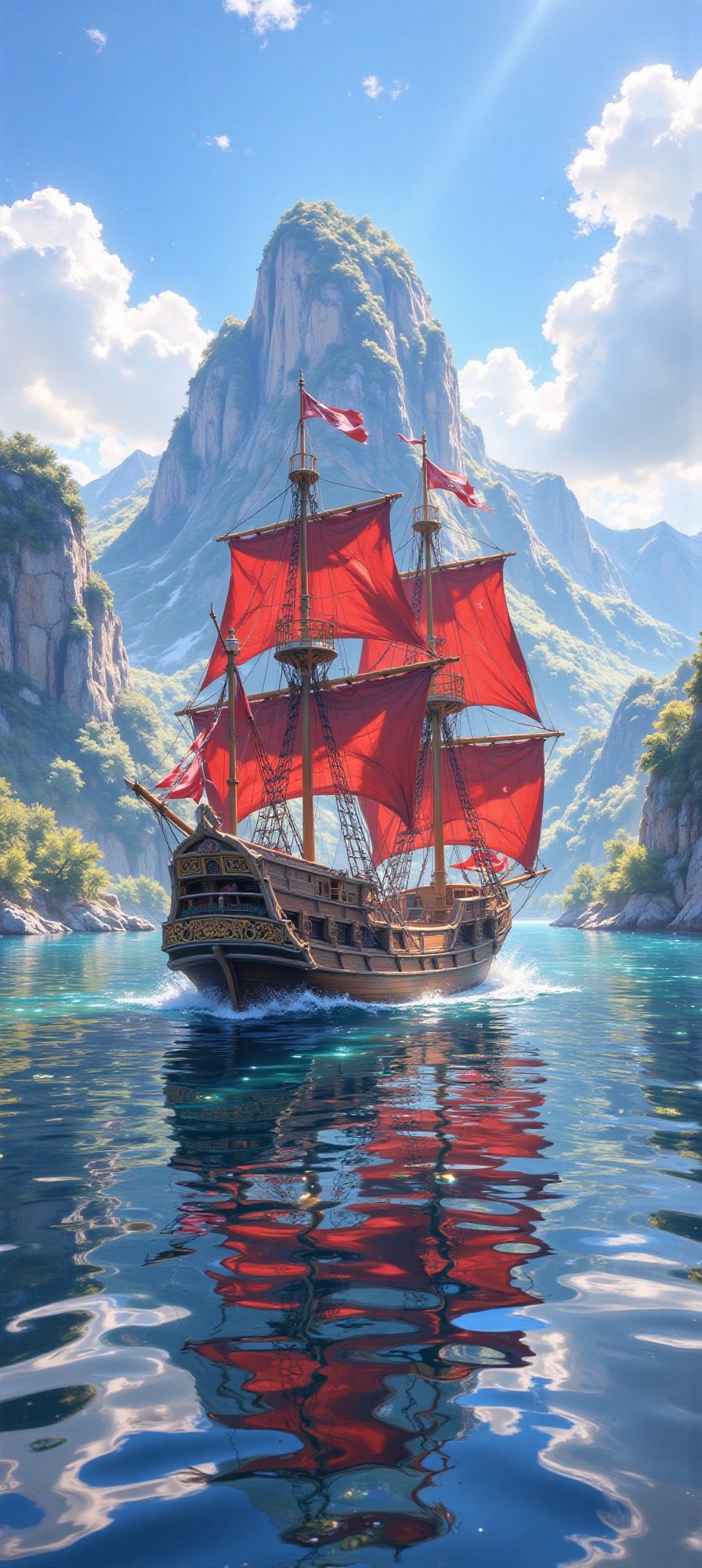 A majestic pirate ship with red sails is sailing on calm waters,  reflecting the vibrant colors of the ship and the surrou...