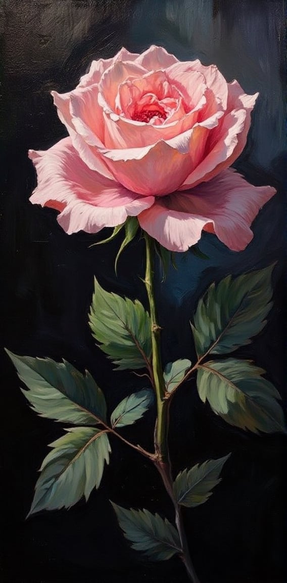 An eye-level painting of a light pink rose with a dark backdrop. The rose is in the center of the frame,  with its petals...