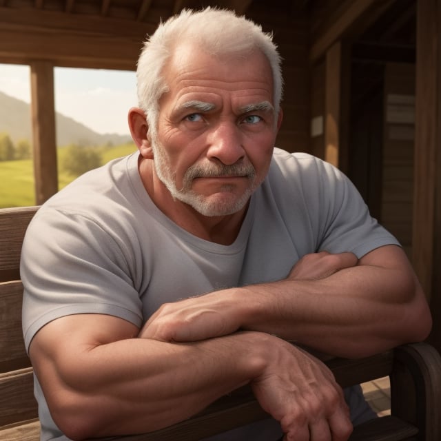 A powerful 50-year-old man sits confidently on a worn wooden bench,  his strong hands grasping the weathered armrests as h...