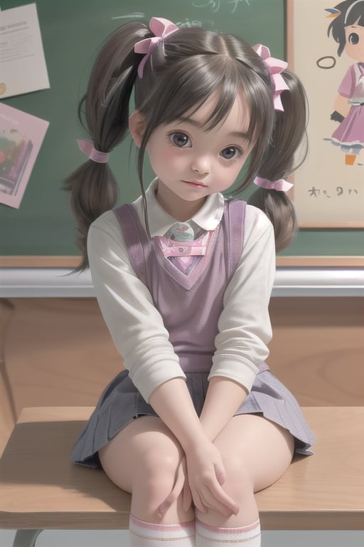 A warm and inviting illustration of a little chibi girl sitting at her desk in a cozy school setting. The scene is framed...