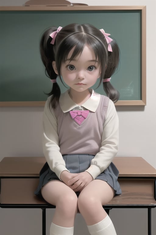 A warm and inviting illustration of a little chibi girl sitting at her desk in a cozy school setting. The scene is framed...