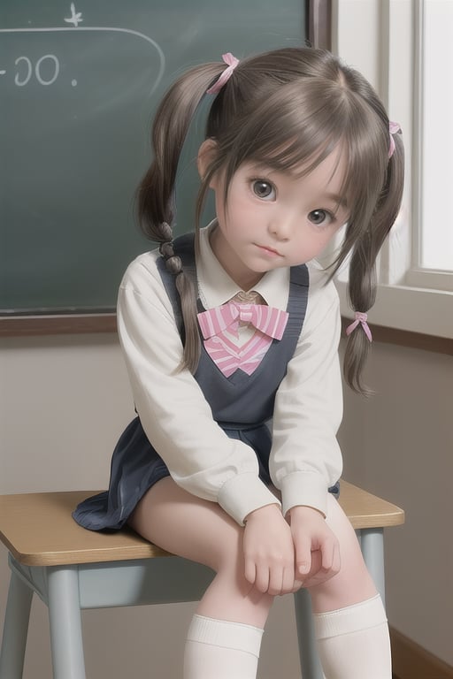 A warm and inviting illustration of a little chibi girl sitting at her desk in a cozy school setting. The scene is framed...