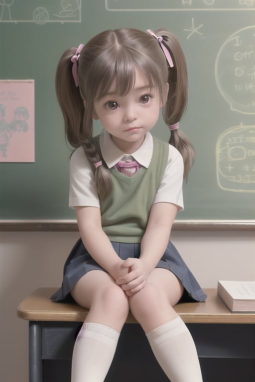 A warm and inviting illustration of a little chibi girl sitting at her desk in a cozy school setting. The scene is framed...