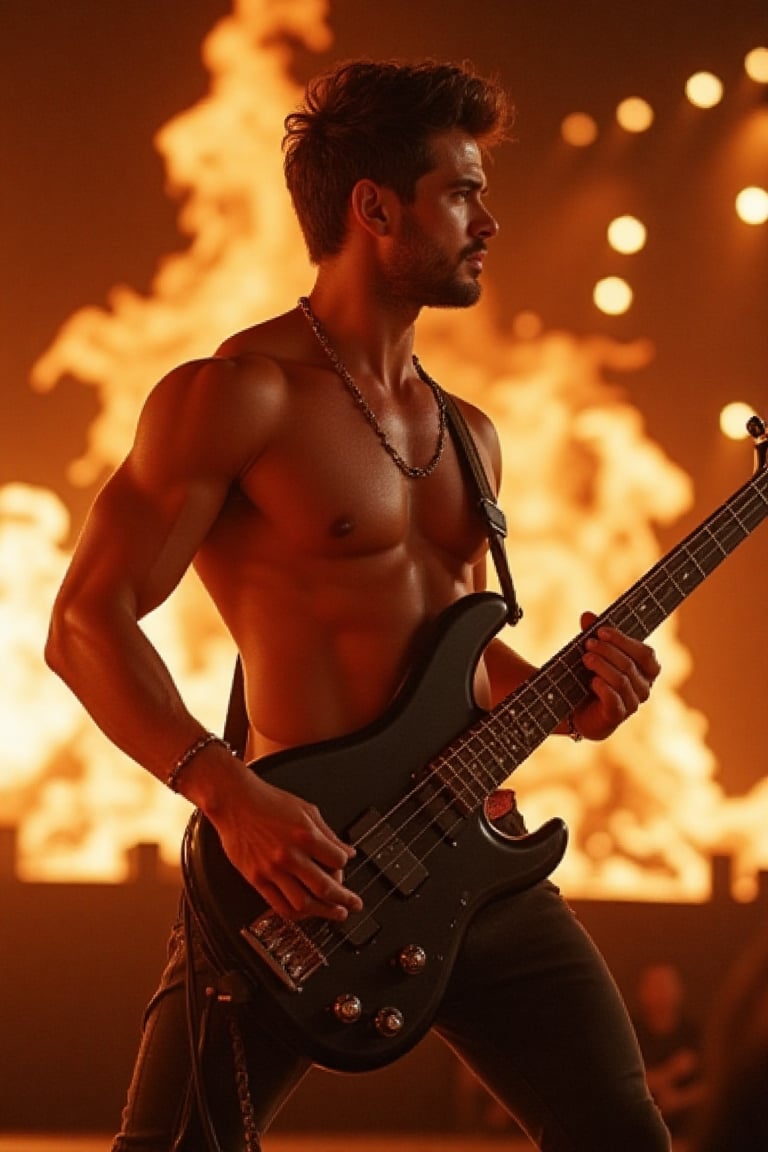 A photorealistic 8k RAW photo capturing a full-body,  muscular man with a handsome face and tan skin. He is a rock band ba...