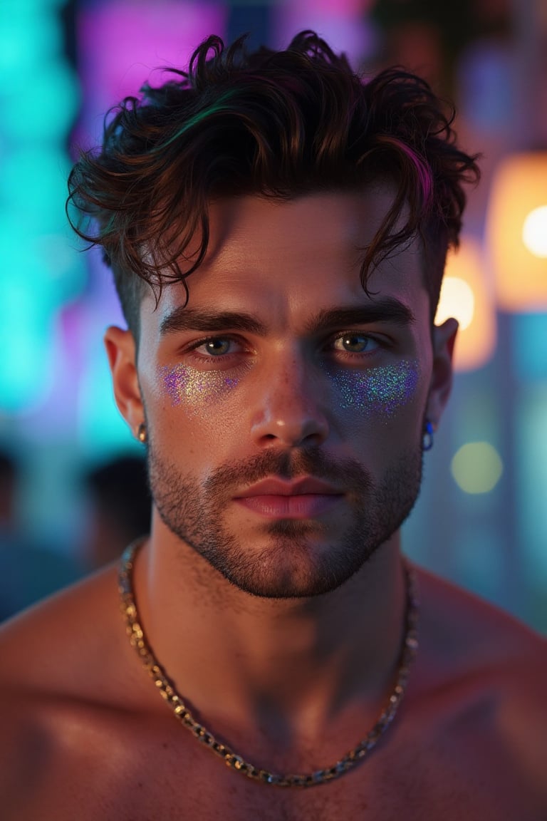 A highly detailed,  photorealistic digital image of a strikingly handsome young man with an intense gaze,  set against a d...