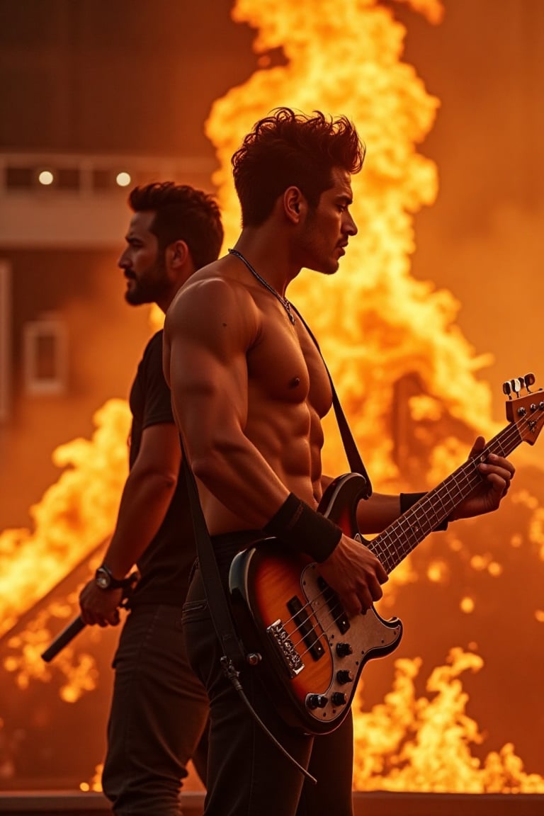 A photorealistic 8k RAW photo capturing a full-body,  muscular man with a handsome face and tan skin. He is a rock band ba...