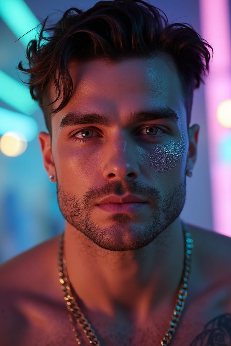 A highly detailed,  photorealistic digital image of a strikingly handsome young man with an intense gaze,  set against a d...