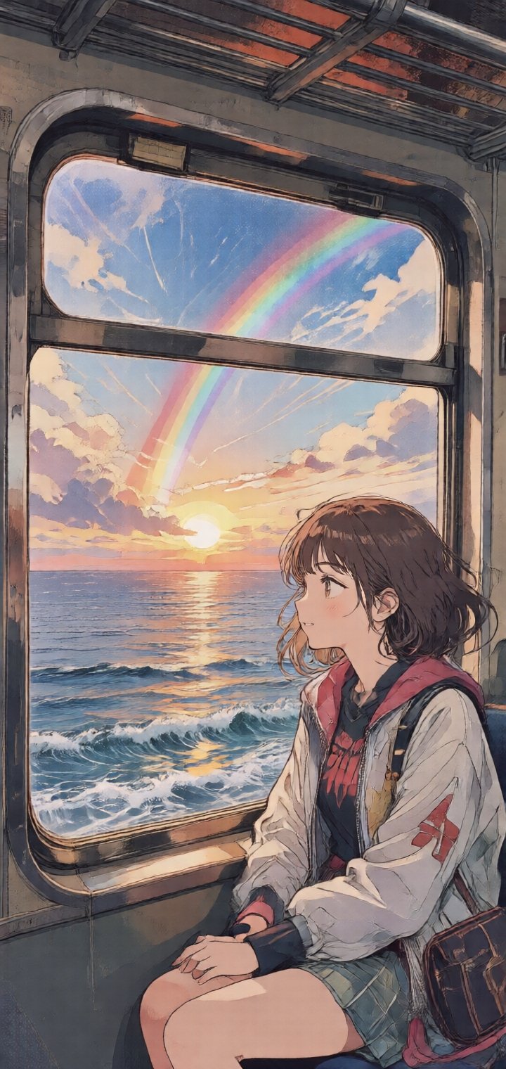 從火車的車窗看出去,  窗外是一片海洋,  夕陽、雲、彩虹、光線瑰麗而自然、逼真細膩 by パンダの王様 on Tensor.Art