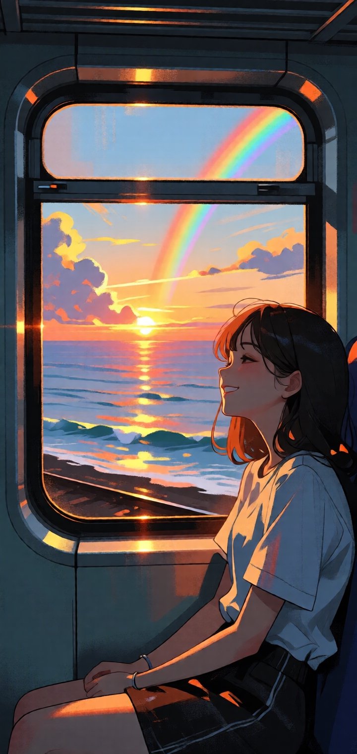 從火車的車窗看出去,  窗外是一片海洋,  夕陽、雲、彩虹、光線瑰麗而自然、逼真細膩 by パンダの王様 on Tensor.Art
