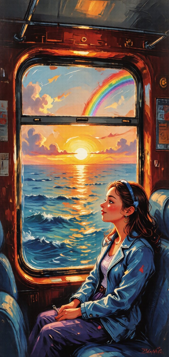 從火車的車窗看出去,  窗外是一片海洋,  夕陽、雲、彩虹、光線瑰麗而自然、逼真細膩 by パンダの王様 on Tensor.Art