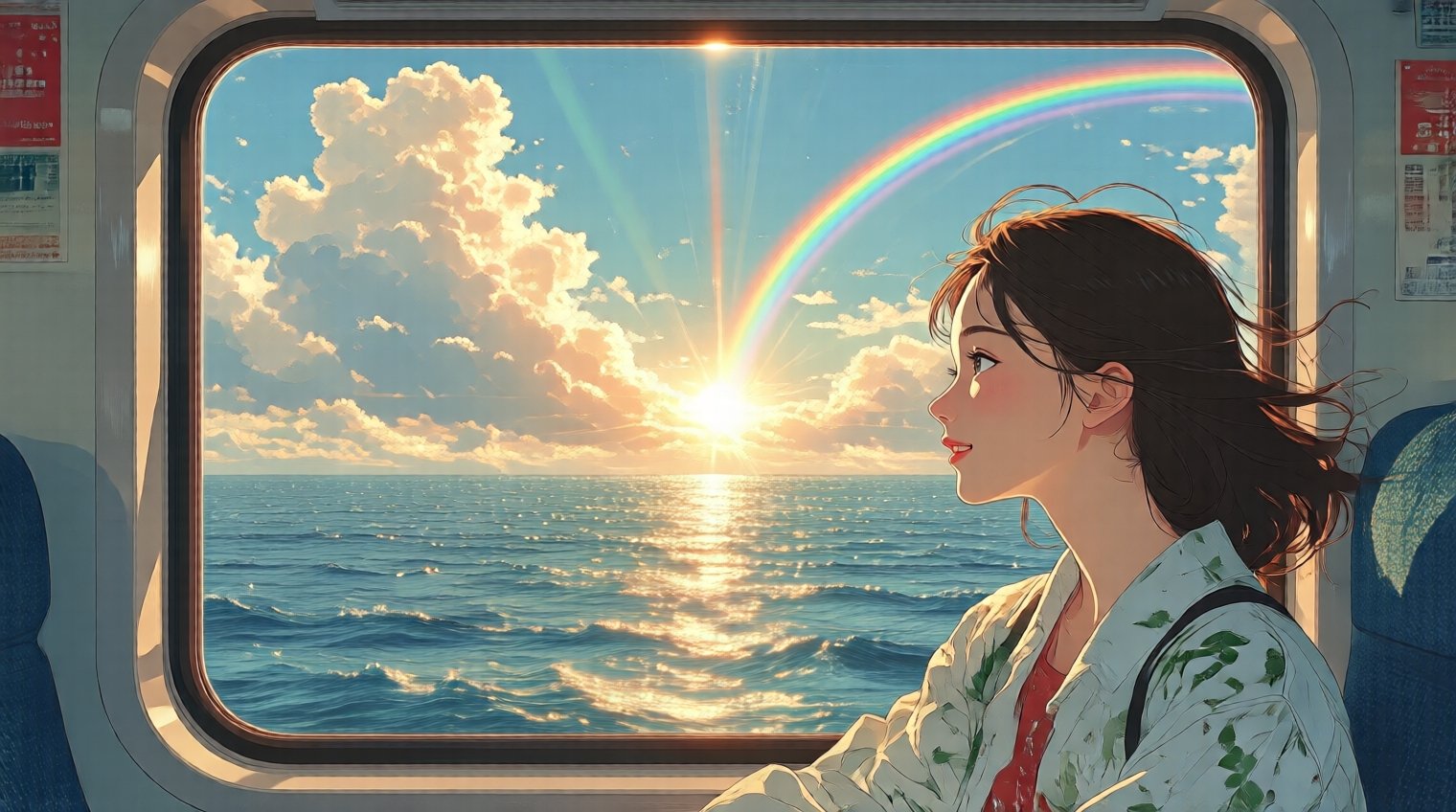 從火車的車窗看出去,  窗外是一片海洋,  夕陽、雲、彩虹、光線瑰麗而自然、逼真細膩 by パンダの王様 on Tensor.Art