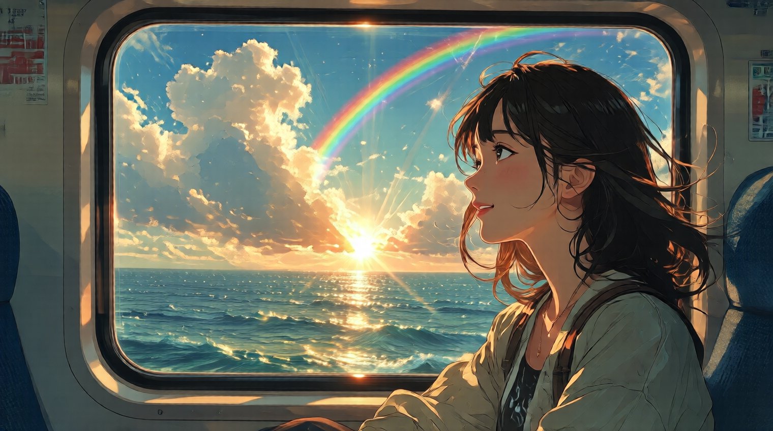 從火車的車窗看出去,  窗外是一片海洋,  夕陽、雲、彩虹、光線瑰麗而自然、逼真細膩 by パンダの王様 on Tensor.Art