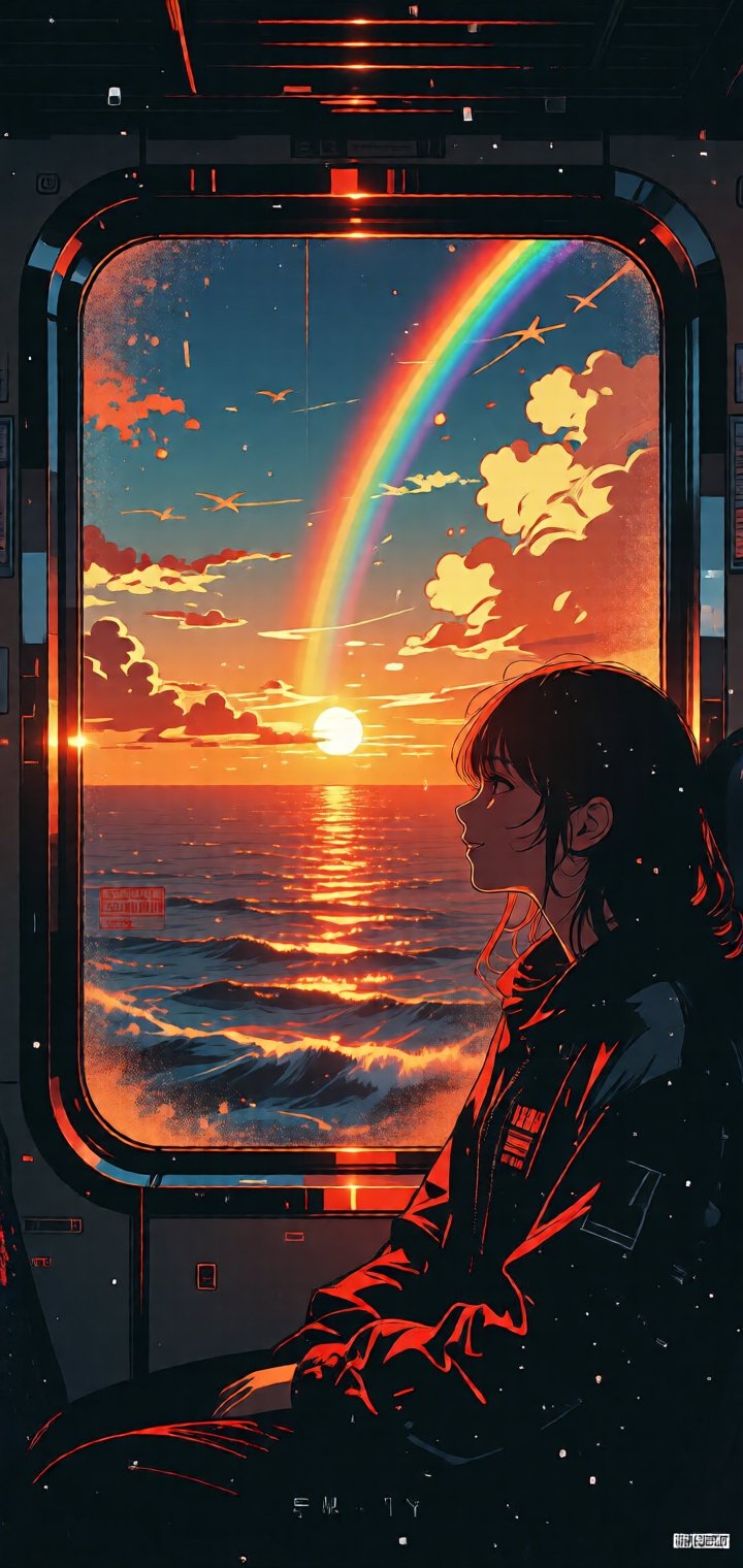 從火車的車窗看出去,  窗外是一片海洋,  夕陽、雲、彩虹、光線瑰麗而自然、逼真細膩 by パンダの王様 on Tensor.Art