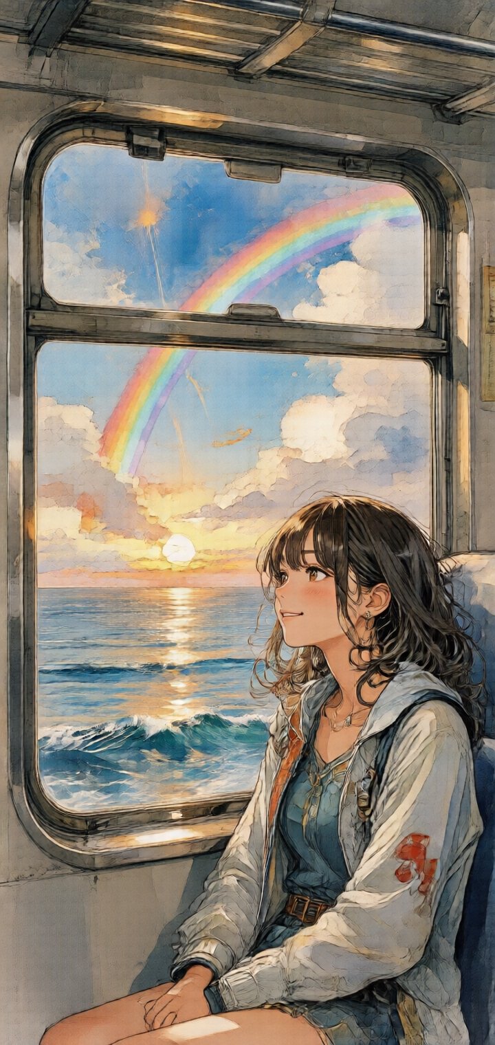 從火車的車窗看出去,  窗外是一片海洋,  夕陽、雲、彩虹、光線瑰麗而自然、逼真細膩 by パンダの王様 on Tensor.Art