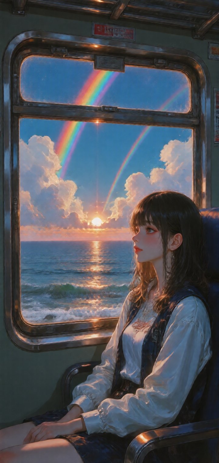 從火車的車窗看出去,  窗外是一片海洋,  夕陽、雲、彩虹、光線瑰麗而自然、逼真細膩 by パンダの王様 on Tensor.Art