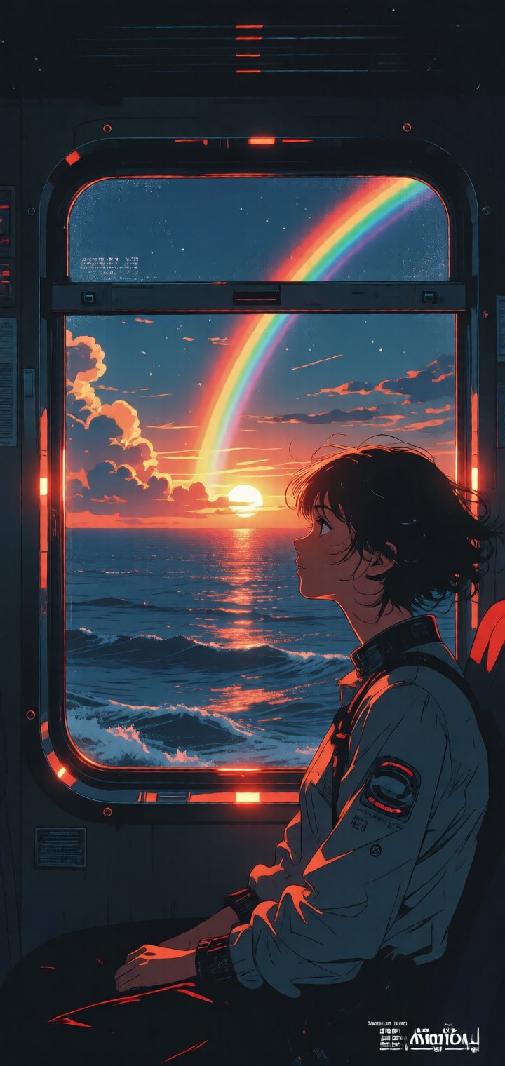 從火車的車窗看出去,  窗外是一片海洋,  夕陽、雲、彩虹、光線瑰麗而自然、逼真細膩 by パンダの王様 on Tensor.Art