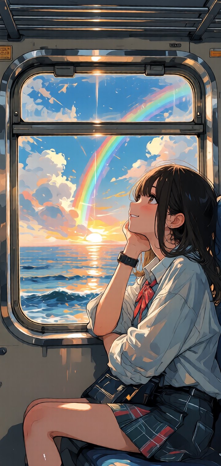 從火車的車窗看出去,  窗外是一片海洋,  夕陽、雲、彩虹、光線瑰麗而自然、逼真細膩 by パンダの王様 on Tensor.Art