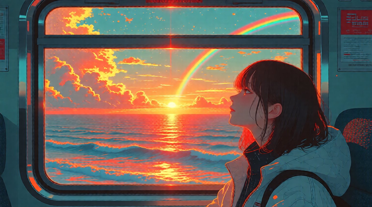 從火車的車窗看出去,  窗外是一片海洋,  夕陽、雲、彩虹、光線瑰麗而自然、逼真細膩 by パンダの王様 on Tensor.Art