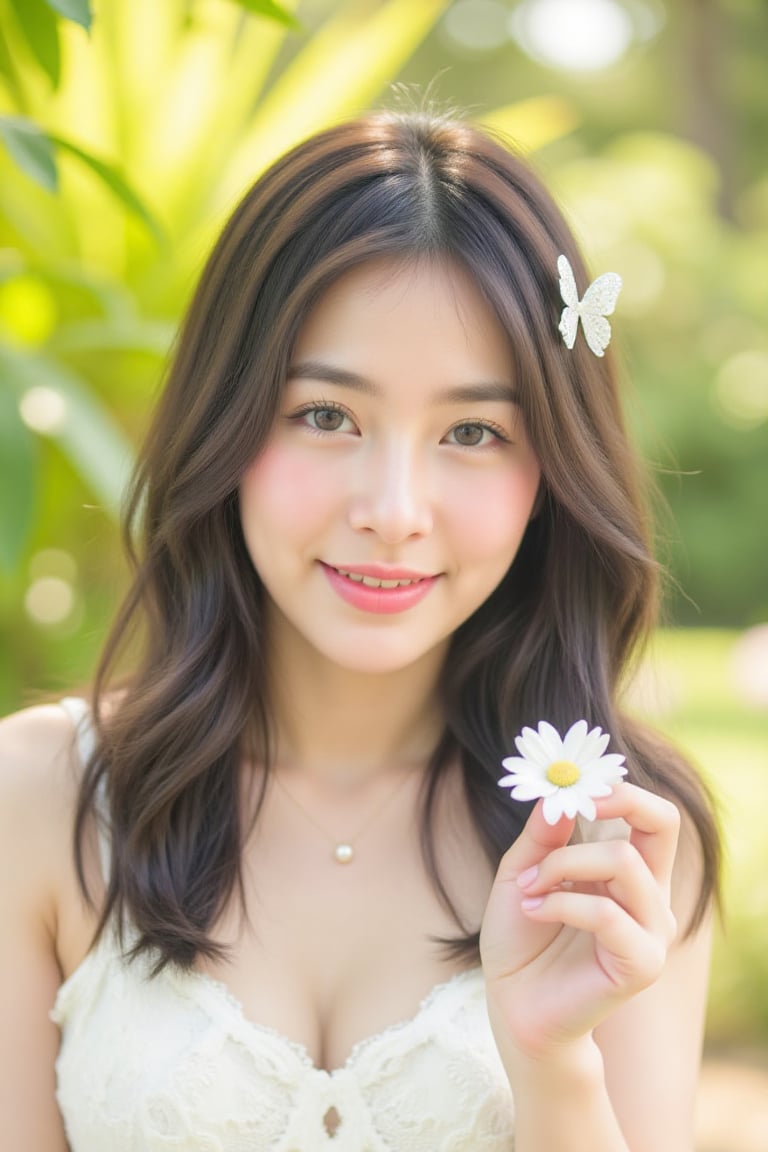 A charming Thai Idol girl radiates playful energy and captivating beauty. The image is a close-up shot with a sharp focus...