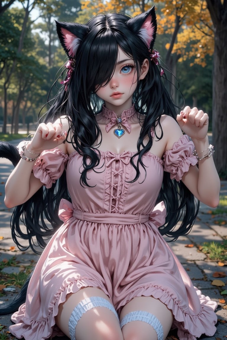 An 18 year old Emo cat girl sits proudly,  her long black layered hair styled with long bangs parted at the side and cover...